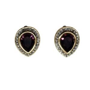 Vintage SAL Swarovski 80s Goldtone Purple Rhinestone Teardrop Clip on Earrings